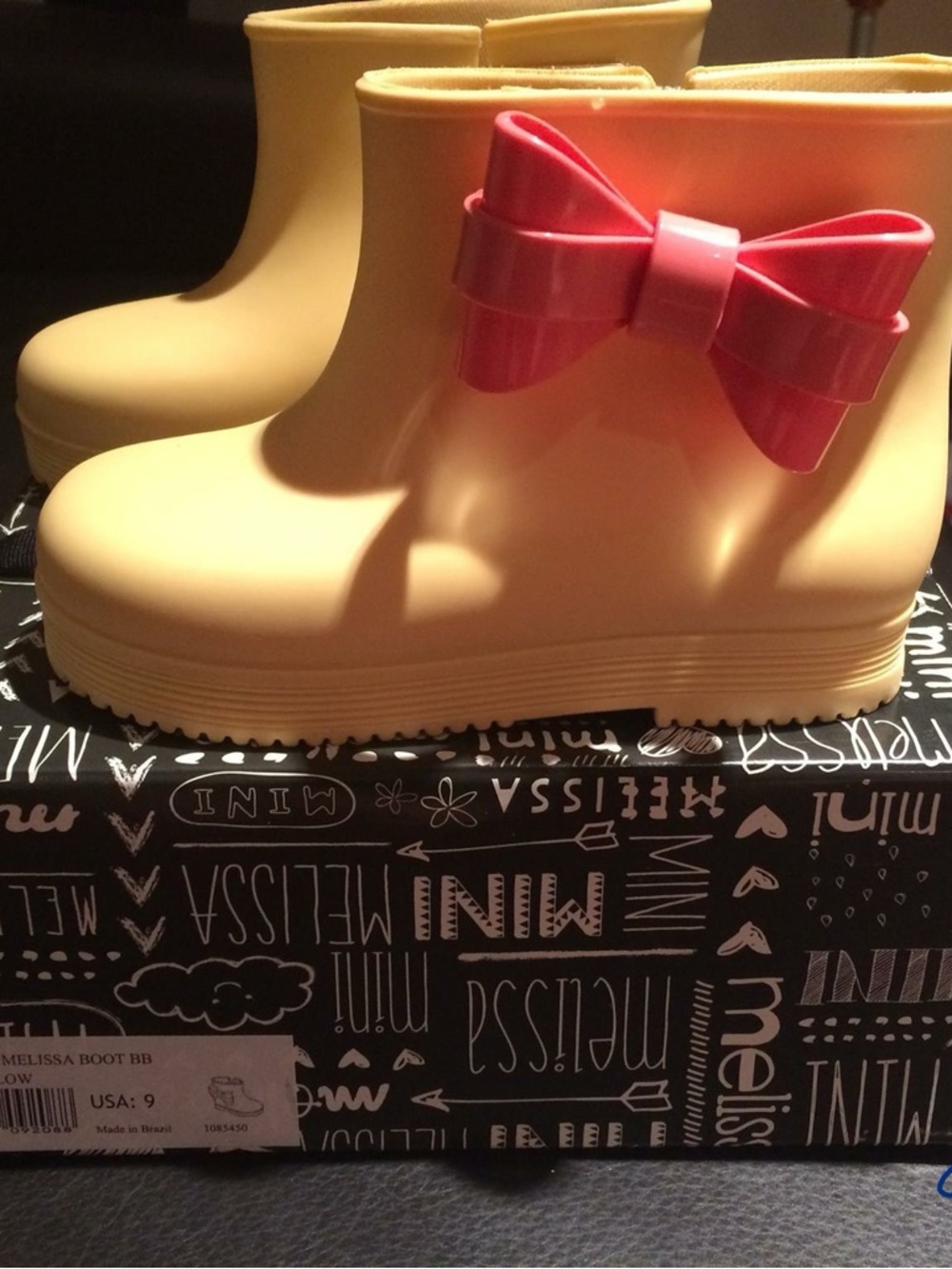 Melissa Kids Yellow Rain Boots with Pink Bow Accent